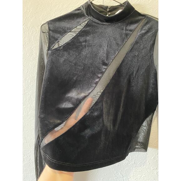 Bershka Mesh and Velvet Cropped Long Sleeve Top Black Sz L Party Glam Club - Picture 4 of 8